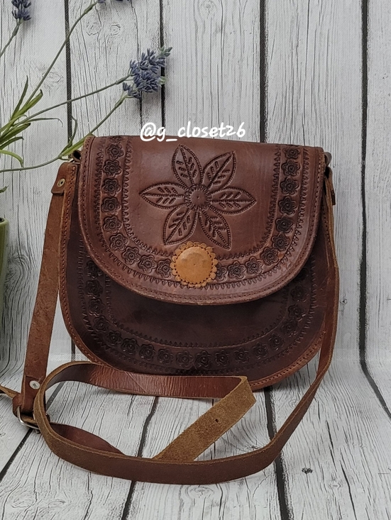 Handcrafted Handbags - Handcrafted Brown Leather Crossbody Bag with Floral Tooled Detail